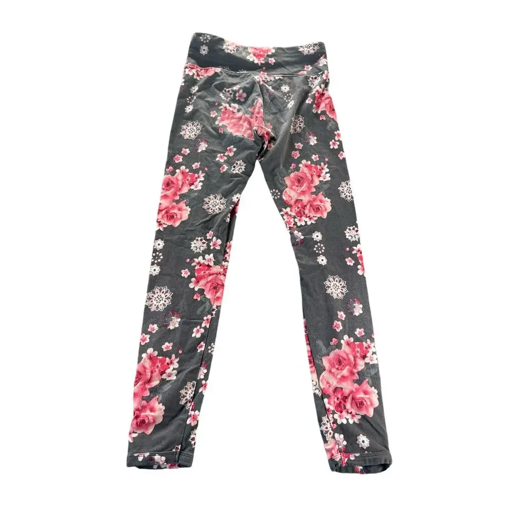 Justice Girls Gray Pink Floral Print Pull-On Fitted Leggings Youth Size 10